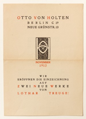 Subskriptionsprospekt des Verlags Otto von Holten für zwei Neuerscheinungen von Lothar Treuge: Ars Peregrina und Aus den Erlebnissen eines Lieblings der Grazien