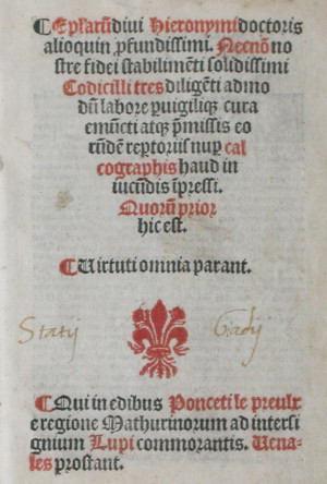 Epistolarum divi Hieronymi doctoris alioquin, profundissimi. Necnon nostre fidei stabilimenti solidissimi Codicilli tres diligenti admodum labore pervigiliaque cura emuncti […]. Part I (of 3)